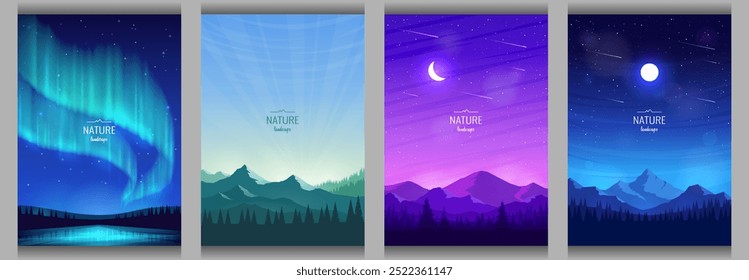 Um conjunto de paisagens noturnas. Vista panorâmica das montanhas e florestas, aurora boreal, nascer do sol sobre os cumes das montanhas, céu escuro e lua. Design para banners de viagem, capas, cartões de felicitações. Imagem vetorial.