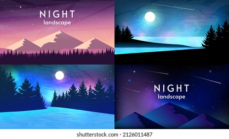 Conjunto de paisajes nocturnos. Ilustración vectorial. Diseño para fondo, fondo de pantalla, banner, tarjeta de turismo. 