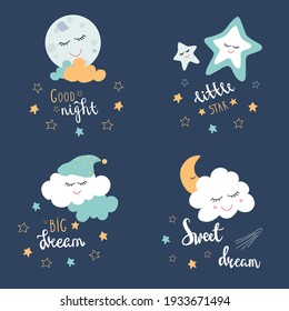 set of night moon, clouds, stars, calligraphy. Sticker collection with smiling moon, clouds, stars. Night background with funny elements. Kids background. Vector illustration. Doodle.