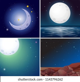 Set of night moon scenes illustration