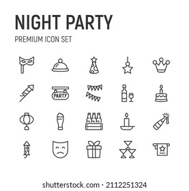 Set of night party line icons. Premium pack of signs in trendy style. Pixel perfect objects for UI, apps and web. 