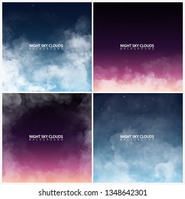 Set of night sky with white realistic clouds. Vector Illustration