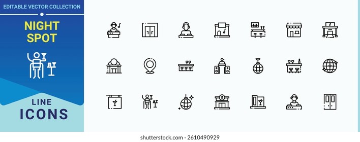 Set of Night Spot line icon. Related to nightlife, disco, night, bar, entertainment and more. Nightclub icon collection. Minimal icons collection. Vector illustration.