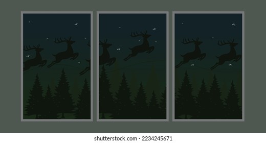 set of night theme wall art with silhouette illustrations of flying deer and fir trees. night sky background. for wall decoration, interior, poster