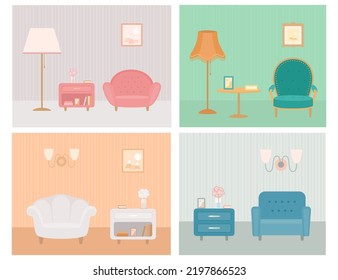 Set of nightstands with cozy armchairs in interior. Cartoon flat style. Home interior concept. Vector illustration