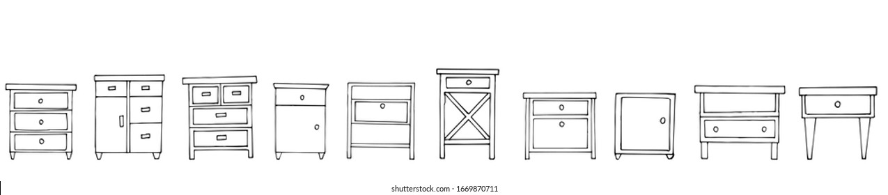 A set of nightstands. Sketch stile. A linear pattern. Black and white doodles Isolated on a white background. Vector collection of modern furniture for bedroom, study, living room.