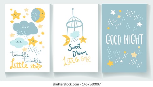Set of nighty night baby cards. Good night, twinkle star, sweet dream. Hand lettering and cute illustrations.