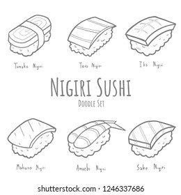 Set of Nigiri sushi in doodle hand drawn sketch