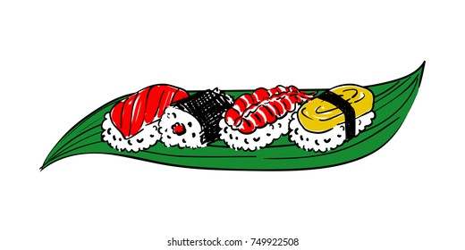 Set of Nigiri Sushi with Salmon, Shrimp and Tamago Egg Omelet and Sushi Roll on Green Bamboo Leaf Vector Illustration Isolated on White Background