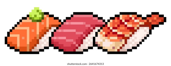 Set of nigiri sushi of salmon, tuna and shrimp nigiri for lunch and dinner vector pixel art for sticker, game, icon, element