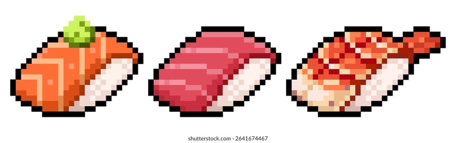 Set of nigiri sushi of salmon, tuna and shrimp nigiri for lunch and dinner vector pixel art for sticker, game, icon, element