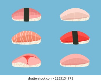 Set of nigiri sushi vector illustration isolated on blue background. Tuna, salmon, yellowtail, mackerel and scallop slices on rice. Flat cartoon style