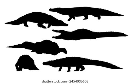 Set of Nile crocodile silhouettes. Wild reptile of Africa. Realistic wild vector animals 