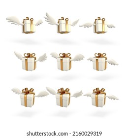 Set of nine 3d flying gift boxes with wings on white background. Decorative elements. Vector illustration.