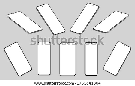 Set of nine 3D Smartphone mockups in different angles, projections. UI modern design. Blank screen, black on grey background.