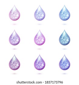 Set of nine 3d vector multicolor glittering drops with sparkles. Shiny magic fluid elements.