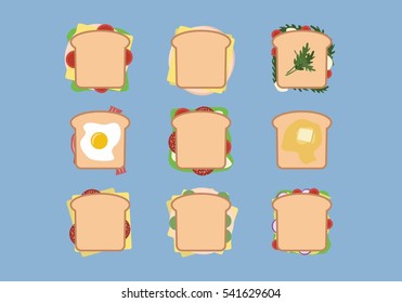 A set of nine (9) sandwiches with bacon, ham, egg, rocket, butter, maple syrup, cheese onions, tomatoes, cucumber, and green salad