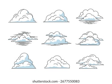 Set of nine abstract artistic illustrations of various cloud formations in different styles