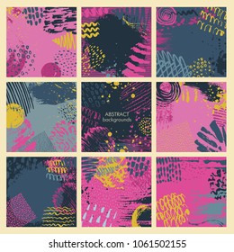Set of nine abstract backgrounds with hand drawn ink texture. Templates for cards, invitations, banners. Colorful vector collection.