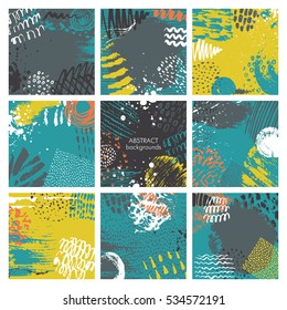 Set of nine abstract backgrounds with hand drawn ink texture. Templates for cards, invitations, banners. Colorful vector collection