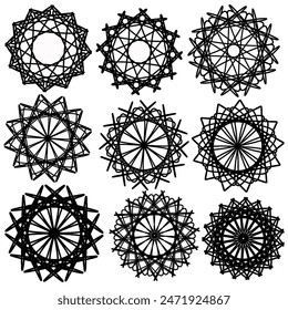 Set von neun abstrakten schwarzen Umrissfiguren auf weißem Hintergrund, Vektorgrafik