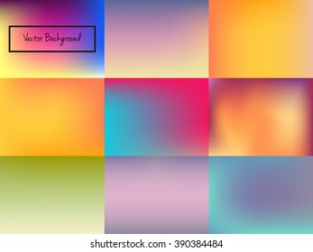 Set of nine abstract blurred colorful background. Unfocused style backdrop. Vector illustration.