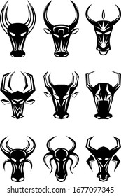 Set of nine abstract bull heads. Images for various purposes. Tattoo, logos and more. Vector image.