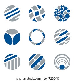 Set of nine abstract circle shaped vector symbols, blue and grey. Easily editable with just two global color swatches.