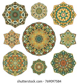 Set of nine abstract circular elements. Round colorful mandalas. Graphic template for your design. Decorative retro ornament. Vector illustration.