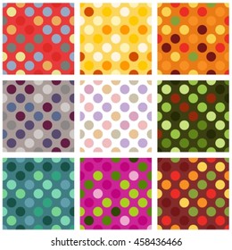 Set of nine abstract colored bright dots patterns.