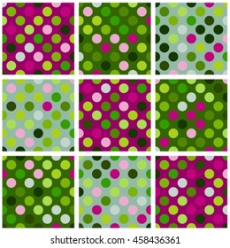 Set of nine abstract colored dots patterns.