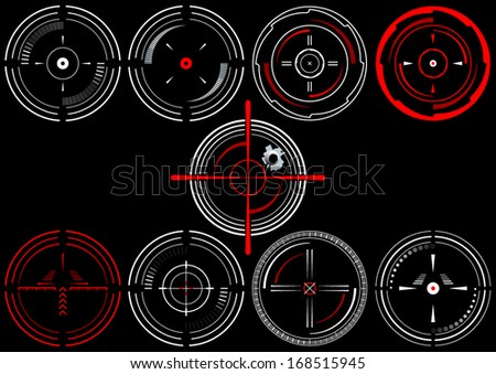 Set of nine abstract cross hairs, on black background
