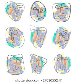 A set of nine abstract face different emotions paintings in one line art style.