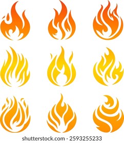 A set of nine abstract fire flame icons featuring smooth curves and dynamic gradients in red, orange, and yellow. Perfect for warning signs, energy symbols, and safety designs