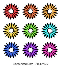 Set of nine abstract flowers with black and colored petals