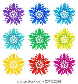 Set of nine abstract flowers of five elements with polygonal pattern on white background in the Watercolour pattern collection