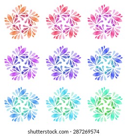 Set of nine abstract flowers of five elements with polygonal pattern on white background in the Watercolor pattern collection