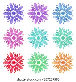 Set of nine abstract flowers of five elements with polygonal pattern on white background in the Watercolor pattern collection