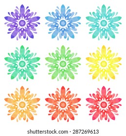 Set of nine abstract flowers of five elements with polygonal pattern on white background in the Watercolor pattern collection