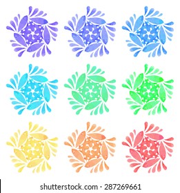 Set of nine abstract flowers of five elements with polygonal pattern on white background in the Watercolour pattern collection