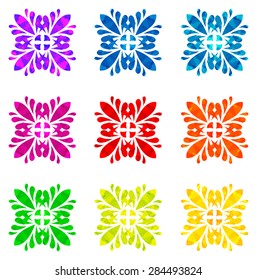 Set of nine abstract flowers of four elements with polygonal pattern on white background in the Watercolour pattern collection