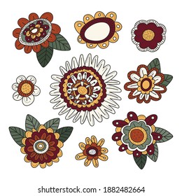 Set of nine abstract flowers with leaves isolated on white background. Beautiful flowers for banners, wallpapers, textiles, books, cards, toys. All objects separate. Hand-drawn. Vector illustration.