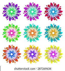 Set of nine abstract flowers of seven elements with polygonal pattern on white background in the Watercolour pattern collection