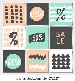 A set of nine abstract geometric designs in pastel colors. Shopping, sales, advertising, price tags and product label templates. Organic patterns and textures in peach pink, mint, gray and white.