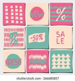 A set of nine abstract geometric designs in pastel pink and blue colors. Shopping, sales, advertising, price tags and product label templates.