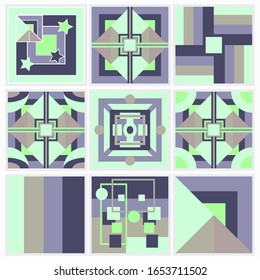 set of nine abstract geometric seamless patterns in bright green and gray color