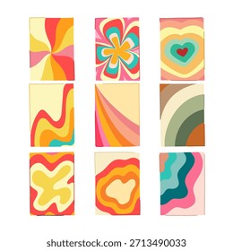 Set of nine abstract groovy vector designs featuring vibrant rainbow colors, flowing waves, flower shapes, and hearts, creating a nostalgic vintage aesthetic for various creative projects
