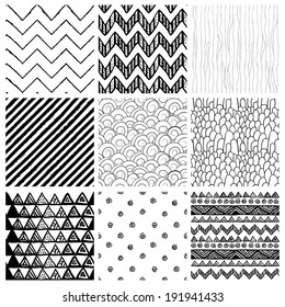 Set of Nine Abstract Hand Drawn Geometric Black and White Seamless Background Patterns. Fully Editable EPS file with Pattern Swatches