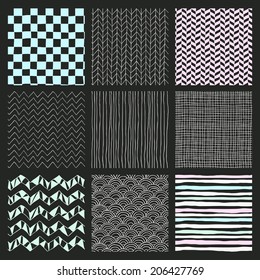 Set of Nine Abstract Hand Drawn Geometric Seamless Background Patterns. Chalk Drawing. Fully Editable EPS file with Pattern Swatches