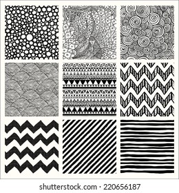 Set of Nine Abstract Hand Drawn Geometric Black and White Seamless Background Patterns. Fully Editable EPS file with Pattern Swatches